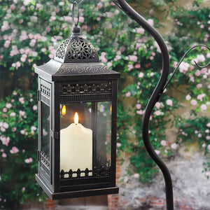 14.5-inch vintage hanging lantern, black metal with gold brush accents, decorative candle lantern with glass panels.