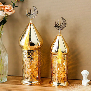 Set of 2 gold electric Ramadan lanterns by JHY DESIGN; ornate lanterns with crescent moon toppers and intricate cutwork.