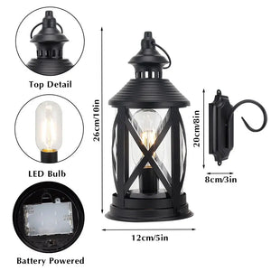 10-inch black metal lantern lamp with hook; battery-powered LED bulb by JHY DESIGN