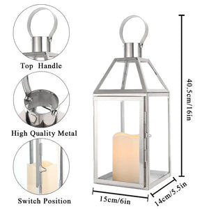 16-inch high decorative lantern by JHY DESIGN, rose gold metal frame with glass panels and a candle inside.