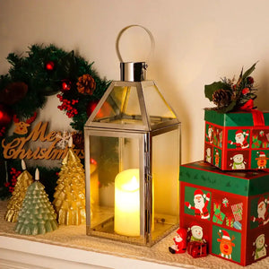 16-inch decorative lantern with glass panels and metal frame, candle inside
