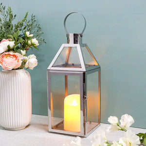 16-inch JHY DESIGN rose-gold decorative candle lantern with glass panels and metal frame.