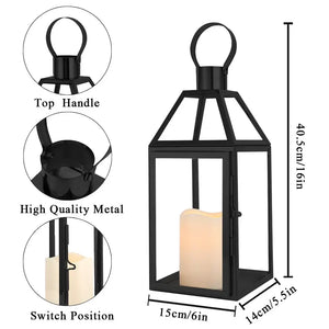 16 inch tall black metal decorative lantern with glass panels and candle inside