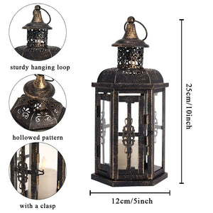 12-inch tall decorative metal candle lantern, black with gold brush finish, glass panels and hanging loop