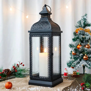 19-inch High Rustic Metal Candle Lantern in black by JHY DESIGN with glass panels and ornate filigree