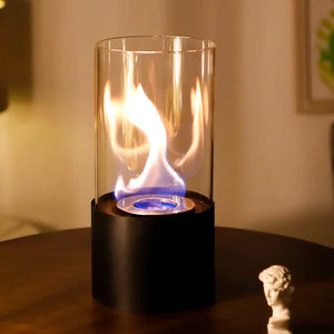 JHY DESIGN portable tabletop firepit with cylindrical glass enclosure and blue flame on black base