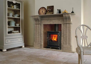 Emperador light brown marble hand-carved fireplace surround with mantel and wood stove insert