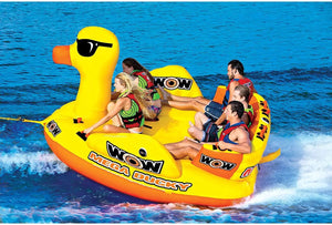WOW Mega Ducky 5-person towable raft; bright yellow with five riders.
