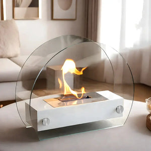 JHY DESIGN 13.5in L Portable Tabletop Fireplace in white with a curved glass dome.