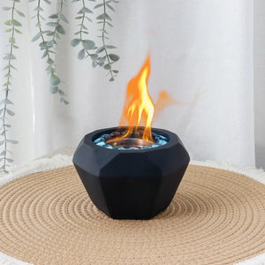 6x4 Portable Cement Tabletop Fireplace by JHY DESIGN, black geometric base with blue decorative stones