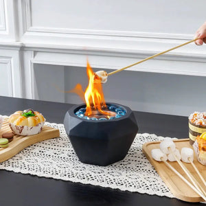 6x4 Portable Cement Tabletop Fireplace with black base and blue glass stones