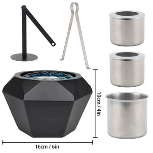 JHY DESIGN portable cement tabletop fireplace with black faceted base and 3 stainless steel fuel cups