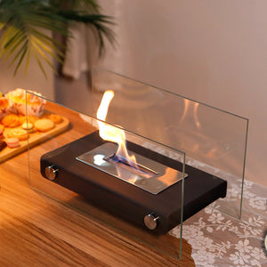 14-inch rectangular tabletop fire bowl with glass windscreen and metal burner on a dark base.