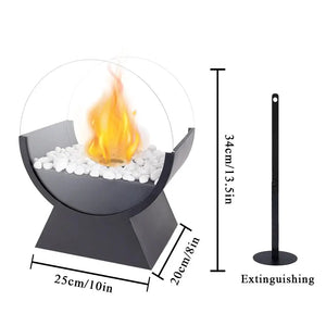 13.5-inch portable tabletop fireplace with round glass guard, black base, white stones, and extinguishing tool.