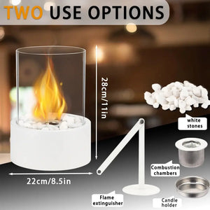 Extra Large Portable Tabletop Fire Bowl JHY DESIGN, bio-ethanol ventless, 22x28 cm with white stones and glass shield