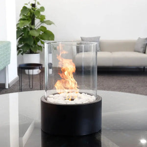 JHY DESIGN extra large tabletop fire bowl with glass cylinder and white stones, ventless bio-ethanol.