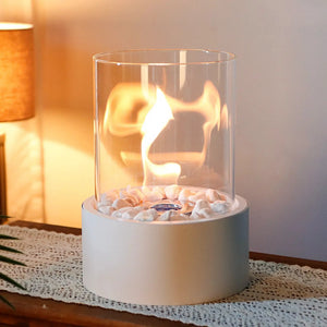 11-inch Tabletop Fire Bowl Pot Fireplace by JHY DESIGN; white base with glass hurricane and white pebbles