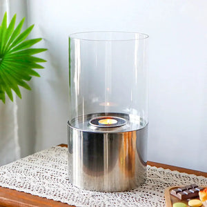 11.5in Tabletop Fire Bowl by JHY DESIGN; stainless steel base with glass cylinder and small flame.