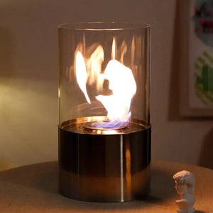 11.5in tabletop fire bowl gel & ethanol fireplace with glass windscreen and metallic base, glowing flame
