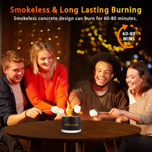 Black graphite color cement concrete portable fireplace (gel & ethanol) on round wooden table