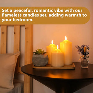 3D flameless candle set of 3 (4/5/6 in) on round wooden tray with succulent, warm glow