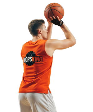 Perfect Jump Shot Glove basketball shooting glove by HoopsKing; black glove on a player wearing an orange HoopsKing jersey.