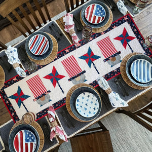 Patriotic Gnomes Quilted Table Runner Precut Quilt Kit by Block Party Quilt Co; red, white, and blue fabric