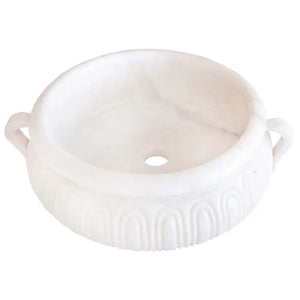 Calacatta White Marble Vessel Sink by Villohome, round basin with carved ridges and drain hole