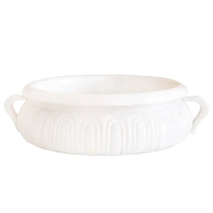 Calacatta white marble vessel sink with saucepan shape and side handles, 17" diameter x 6" high