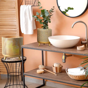 Set of 3 antique gold plant pots with perforated metal design in three varying heights