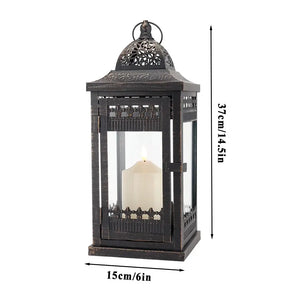 Vintage hanging lantern, 14.5-inch tall, black with gold brush finish, decorative candle lantern.