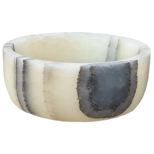 Vessel sink by Villohome; green translucent onyx natural stone with cream base and gray patches