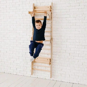 Gym Addition to the Climbing Ladders wooden wall-mounted ladder accessory with a child hanging from the top rung