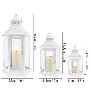 Set of 3 white hexagonal decorative hanging lanterns in 18in, 13in, and 9.5in heights by JHY DESIGN.