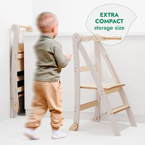 Helper Tower toddler foldable step stool in white with natural wood steps