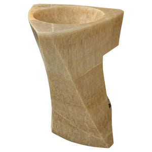 Honey Onyx pedestal bathroom sink in beige onyx with natural veining, 21.5W x 23L x 34H