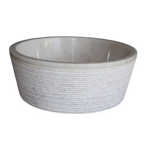 European Sugar Marble tapered bathroom vessel sink, white-gray stone, ribbed exterior, 16-inch diameter.