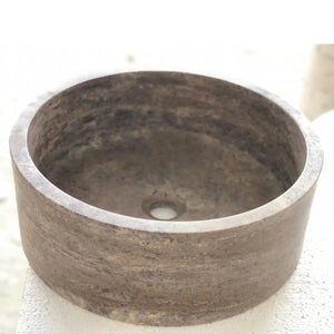 Silver travertine round vessel bathroom sink with polished rim, natural stone, 16 in diameter