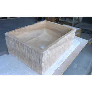 Travertine rectangular bathroom sink by Villohome, natural beige stone for above-vanity installation