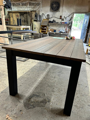 Post Leg Outdoor Counter Height Table by Wooden Whale Workshop; weathered wood slat top with black legs