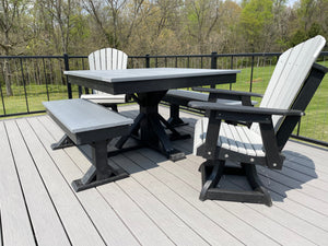 Trestle X Outdoor square dining table with black base and gray tabletop, paired with matching benches.
