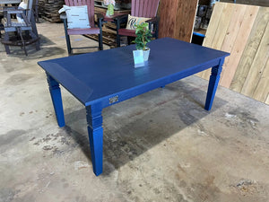 Java Leg Outdoor Dining Table by Wooden Whale Workshop, blue-painted wood
