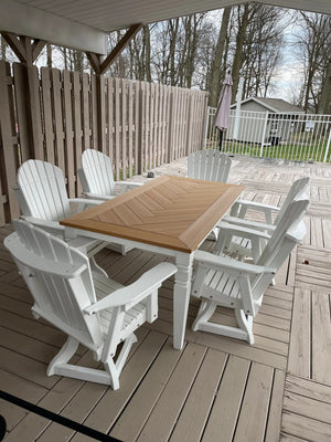 Java Leg Outdoor Dining Table - handcrafted wood top with brown finish and white legs, set on a deck with white chairs.