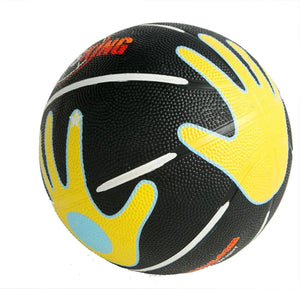 Hands on Shooter basketball with hand-placement design; black ball with yellow and light-blue grip accents HoopsKing.