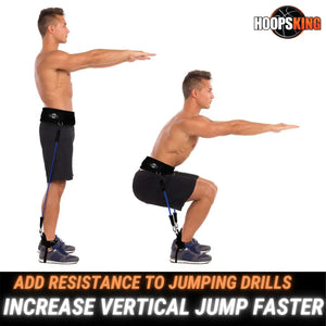 HoopsKing Vertical Jump Trainer Resistance Bands; blue bands attached to black waist strap for basketball training