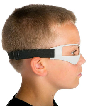 HoopsKing basketball dribble goggles with white frame and black strap worn in a side profile