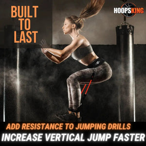 HoopsKing Vertical Jump Trainer Resistance Bands worn from waist to heels; orange bands for jumping drills