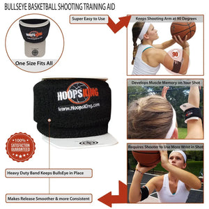 Bulls Eye Basketball Shooting Aid by HoopsKing, black heavy-duty wristband with logo; one size fits all.