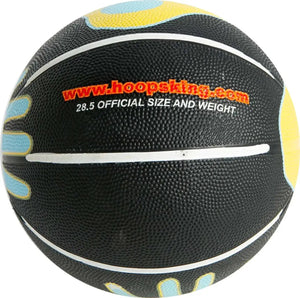 Hands on Shooter Basketball with Hand Placement by HoopsKing, black ball with white seams and blue/yellow accents.