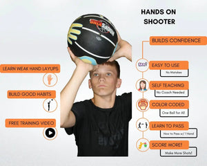 Hands on Shooter Basketball training aid by HoopsKing, black ball with teal accents, held by a person